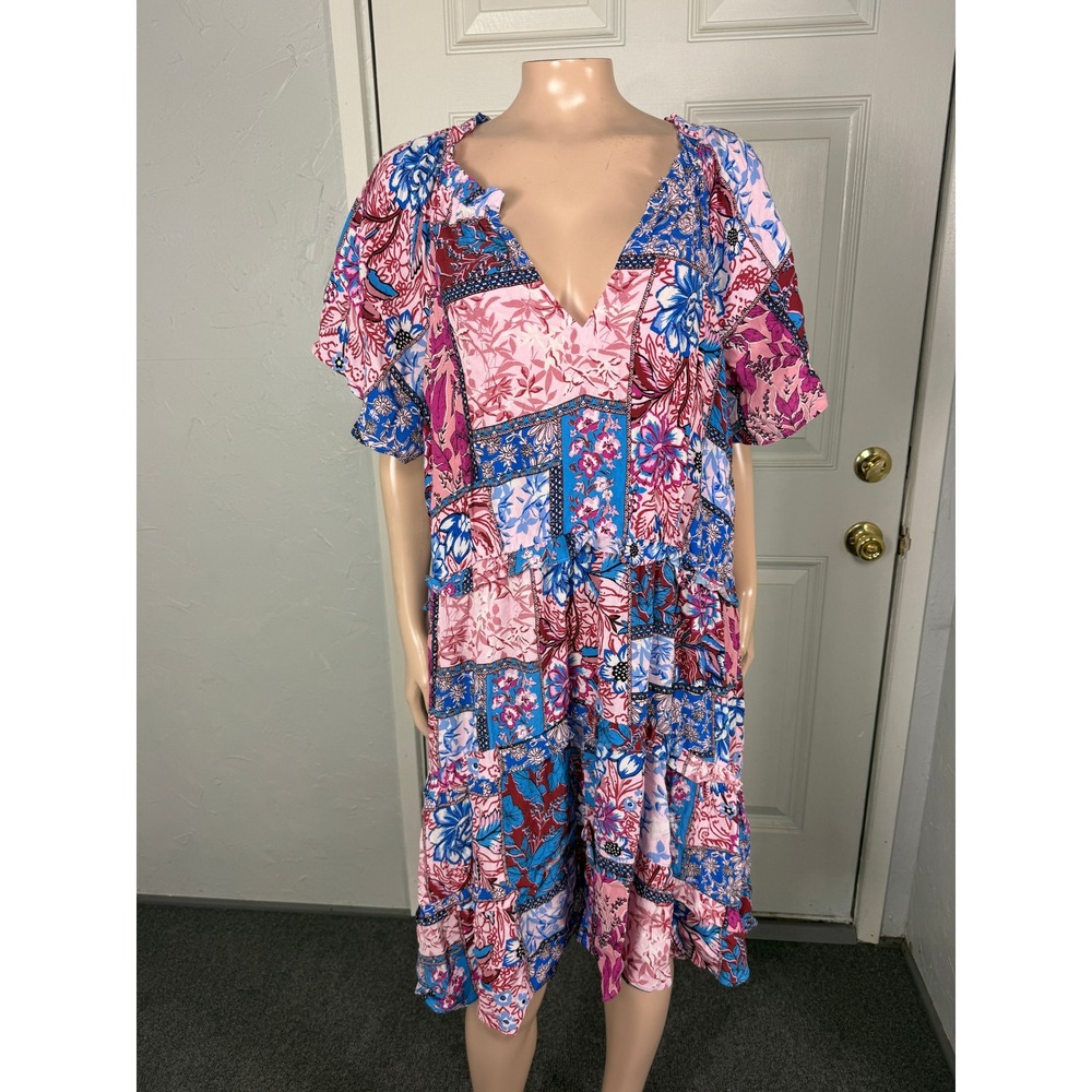 Anthropologie Robin Tiered Mini Dress 1X Viscose Floral Plus Size V neck SS11